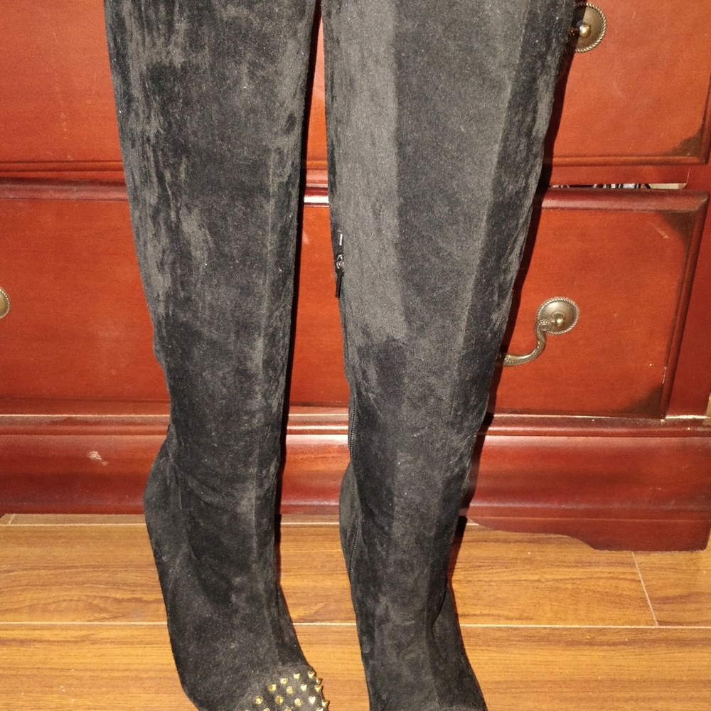 Studded knee high faux suede boot